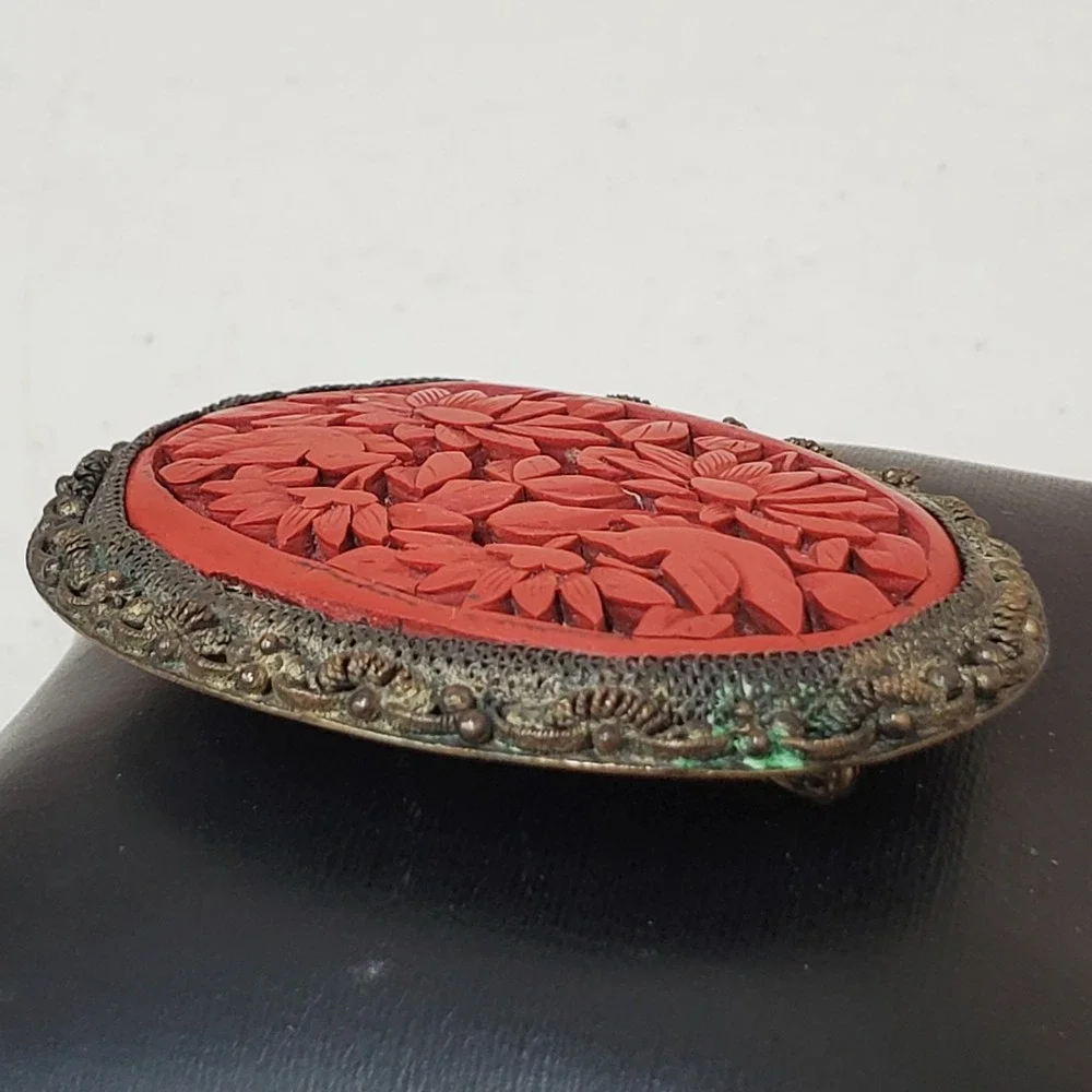 Vintage Chinese Carved Cinnabar Brooch Birds And Flowers Setting Filagree